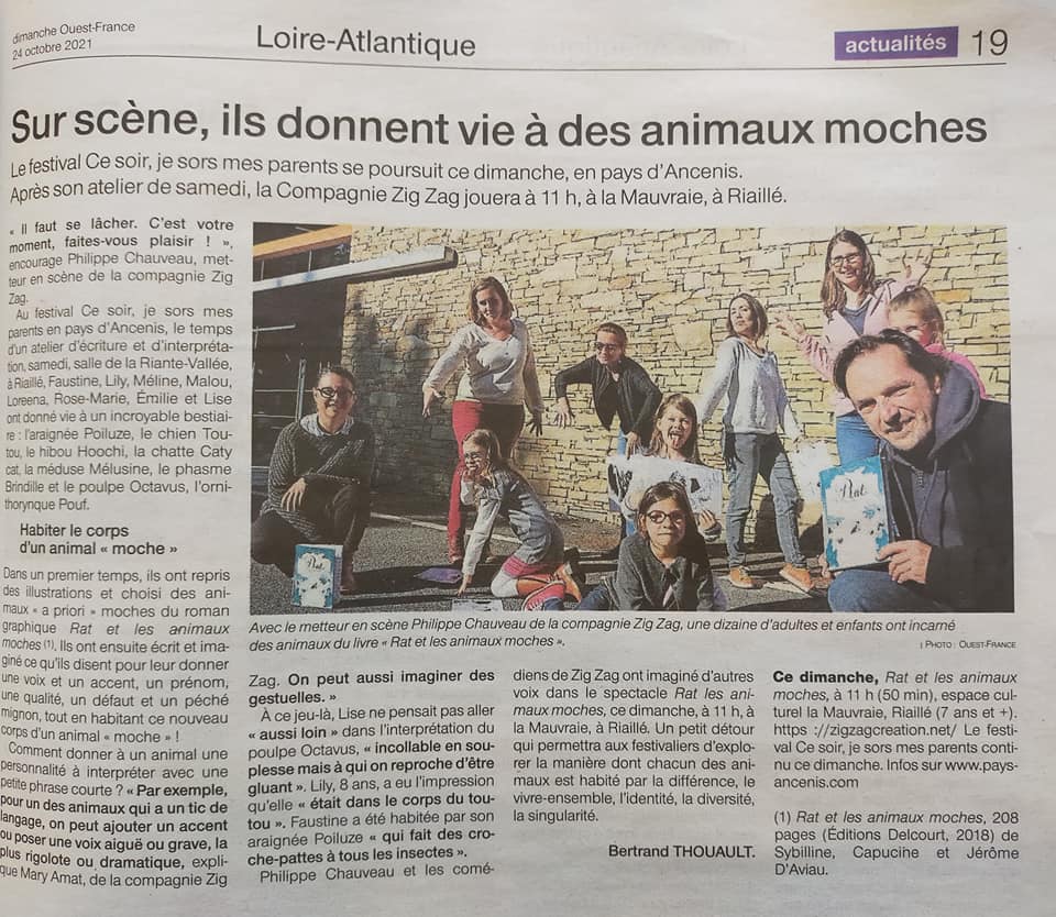 Sur scène, ils donnent vie à des animaux moches. ouest_france_24_10_21 au Festival ce soir, je sors mes parents à Riaillé en Loire Atlantique