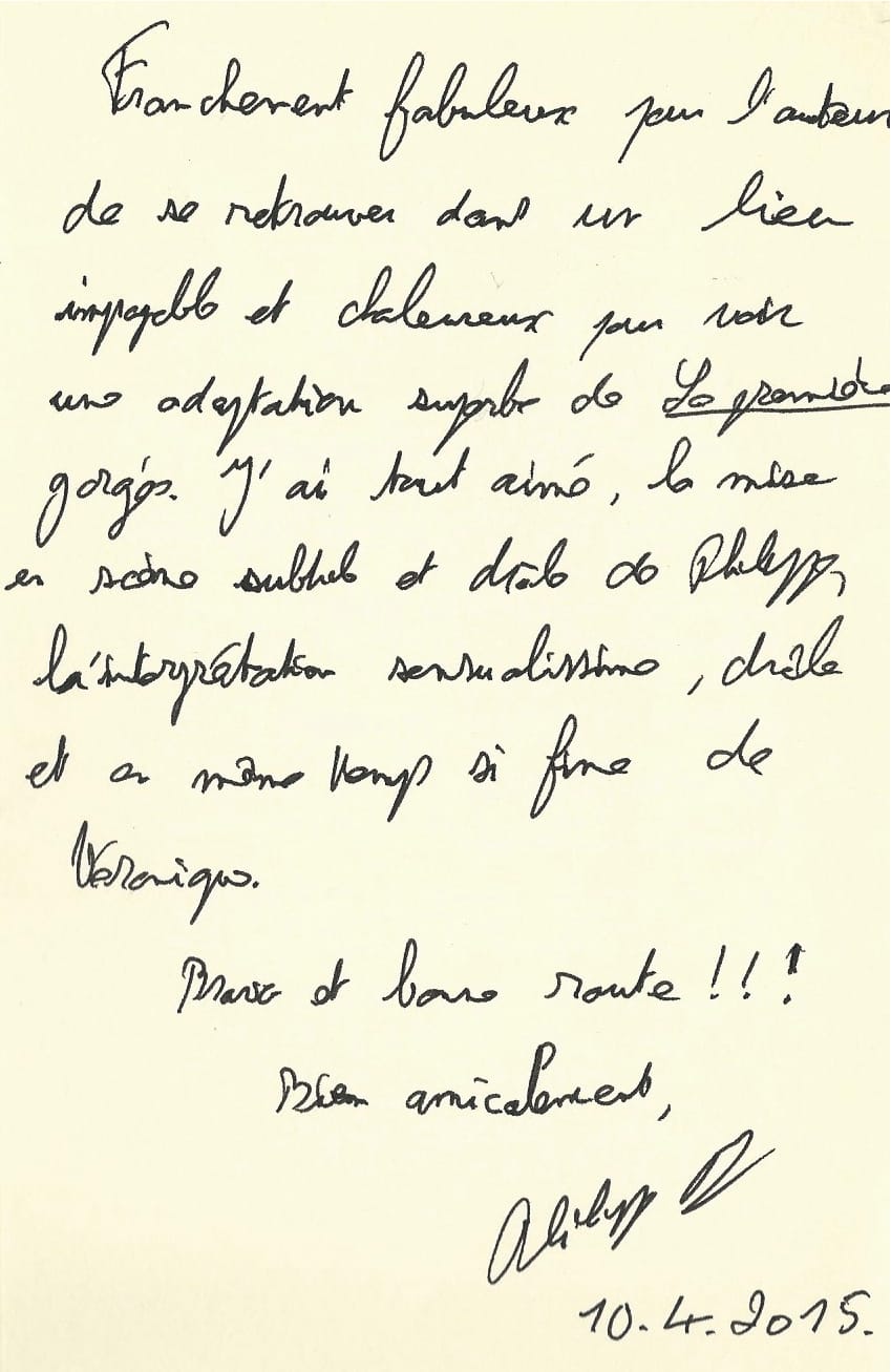 Dedicade de Philippe Delerm pour le spectacle de la Petite Gorgée...